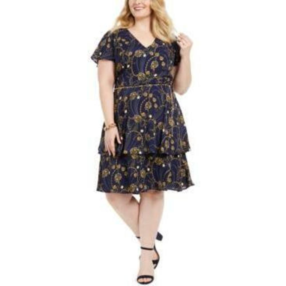 $79 Teeze Me Juniors' Plus Size Printed Fit & Flare Dress Navy Size 14 (NO BELT)